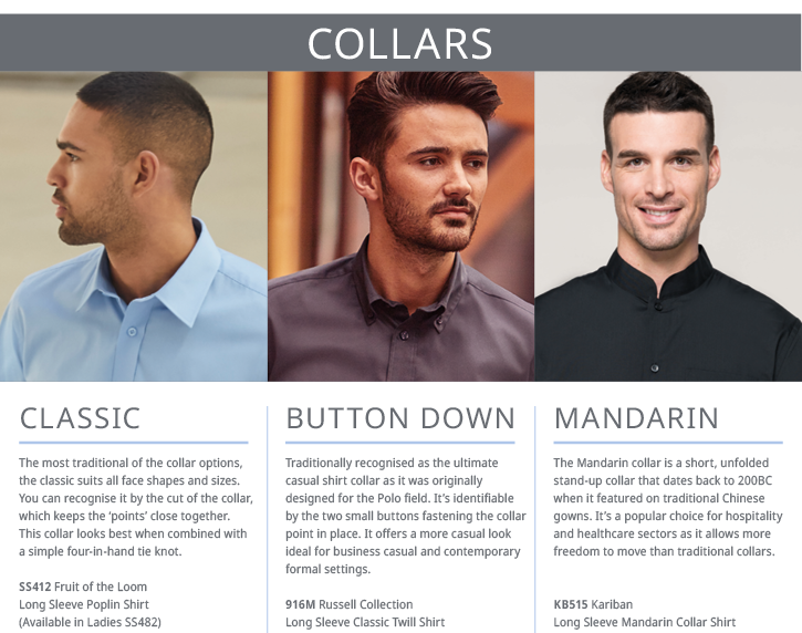 Collar info for men's shirts