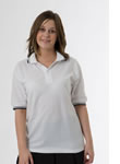 woman wears embroidered polo shirt